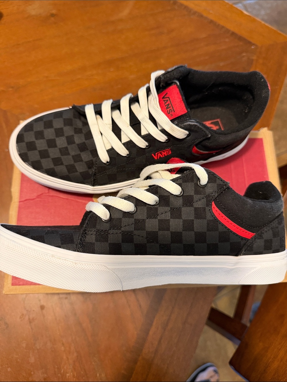 Vans Black Checkerboard Low-Top Sneakers with Red Accents - Picture 4 of 4